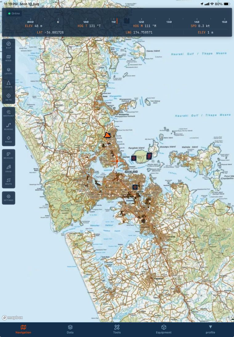 Quasar on iPad showing the Auckland region and Hauraki Gulf with the full navigation tool set