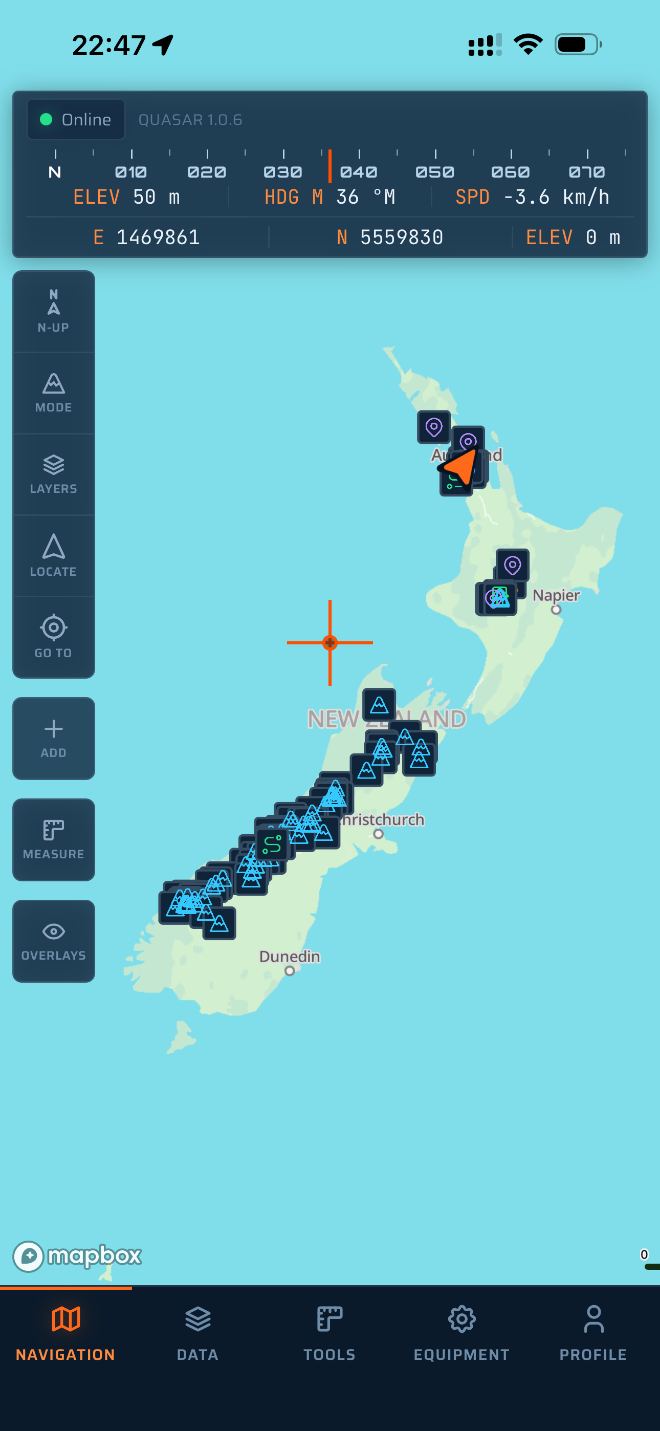 Quasar showing saved waypoints across the whole of New Zealand