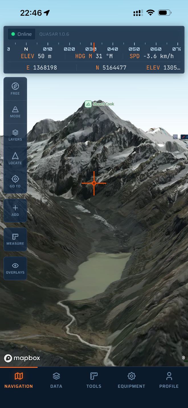 Quasar on iPhone showing a 3D terrain view of Aoraki / Mount Cook