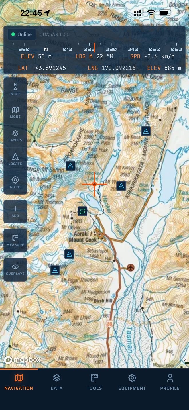 Quasar topographic map of Aoraki / Mount Cook with waypoints, a route and the navigation HUD